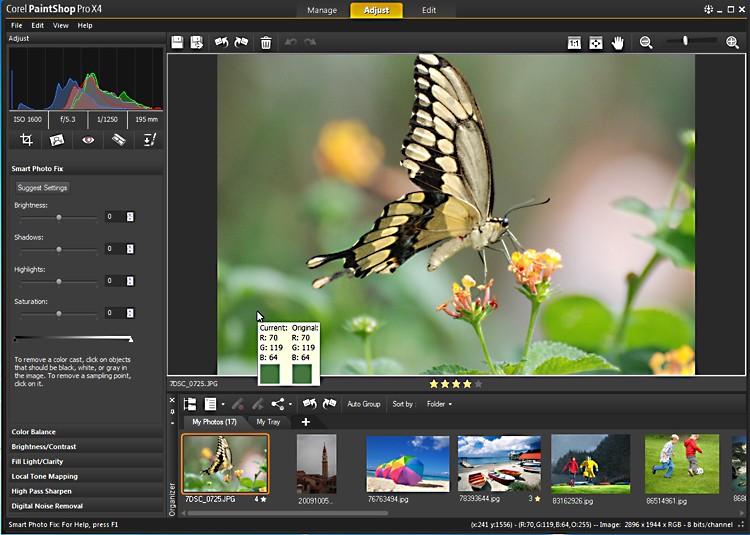 The adjustment workspace is seen in a screenshot of Corel PaintShop Pro X4 that lets users edit the light, color, shadow, and grain of their images. (Corel)