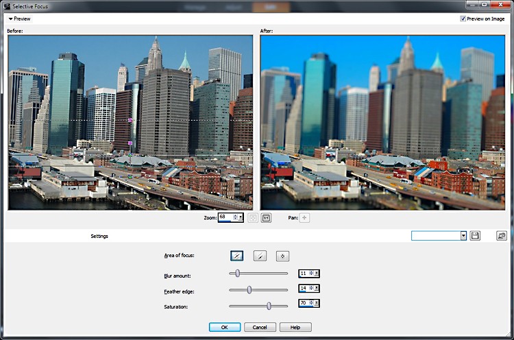 The new 'Selective Focus' feature is shown creating a tilt-shift image in a screenshot of Corel PaintShop Pro X4. (Corel)