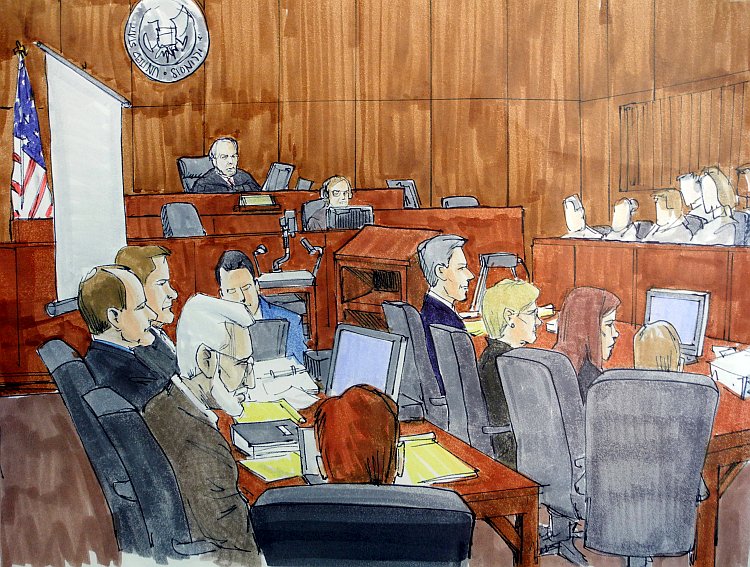 A courtroom drawing showing the trial of Tahawwur Rana / Illinois court camera
