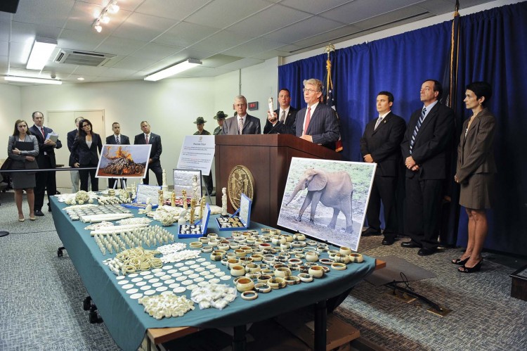 Manhattan District Attorney Cyrus Vance Jr. speaks at a press conference on July 12 in front of confiscated trinkets and jewelry made out of ivory that were being illegally sold in Manhattan