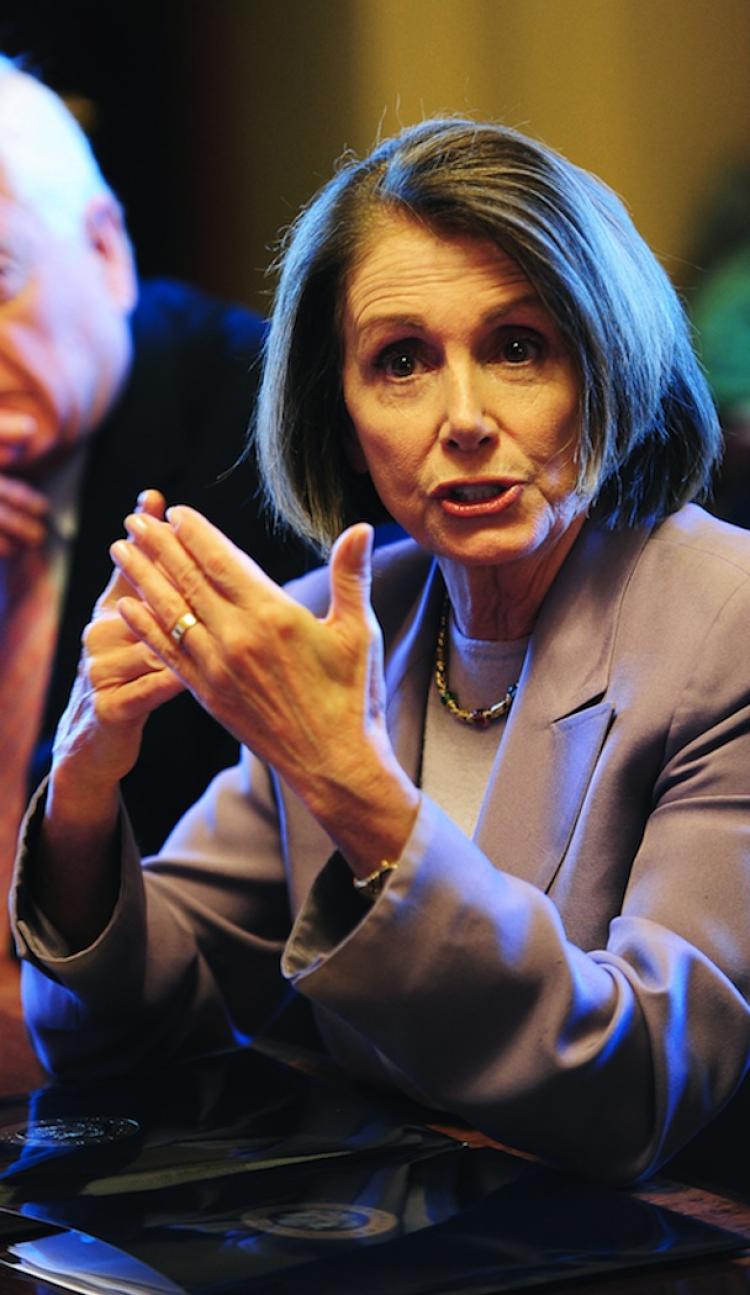 US House Speaker Nancy Pelosi, and other House Democrats hold a closed economic forum to examine ongoing initiatives to create jobs and keep US economy moving toward recovery on Capitol Hill in Washington, DC, on May 4.  (Jewel Samad/Getty Images)