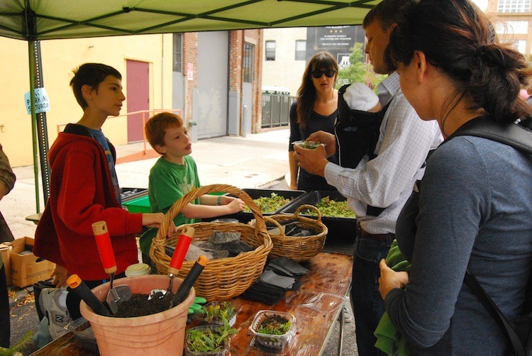 Gavin Yancey (L) explains how to build your own miniature green roof structure at GreenHomeNYC's street fair in Williamsburg on Saturday. (Catherine Yang/The Epoch Times)