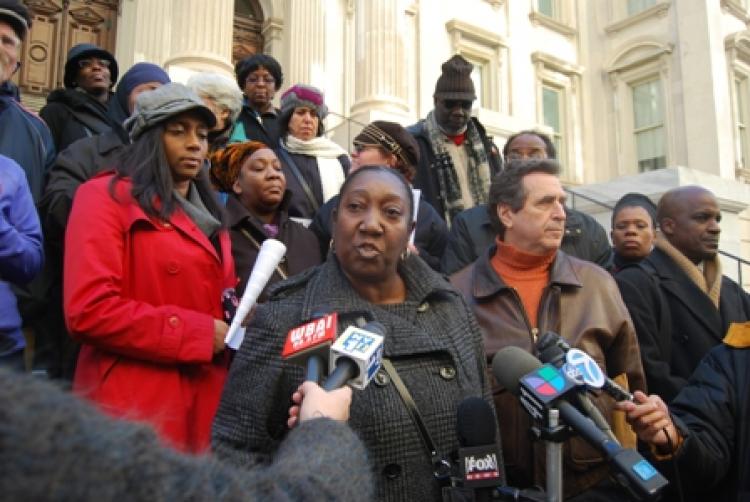 WAVERING:A coalition of parents and educators from across the city gathered at the Tweed Courthouse on Sunday to urge State Education Commissioner David Steiner to deny a waiver permitting publishing executive Cathie Black to become the next schools chancellor. Public school teacher Carmen Applegate (C) argues that appointing Black as chancellor would be irresponsible to the future of New York City, while attorney Norman Siegel looks on (R). (Catherine Yang/The Epoch Times)