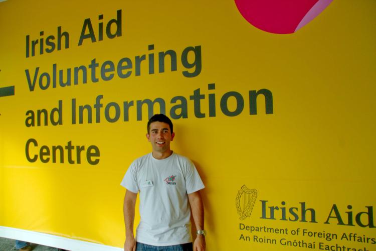 Carlos Quinn, Trinity College Dublin student and member of SUAS society in TCD, at Irish Aid Fair Dublin (Martin Murphy/The Epoch Times)