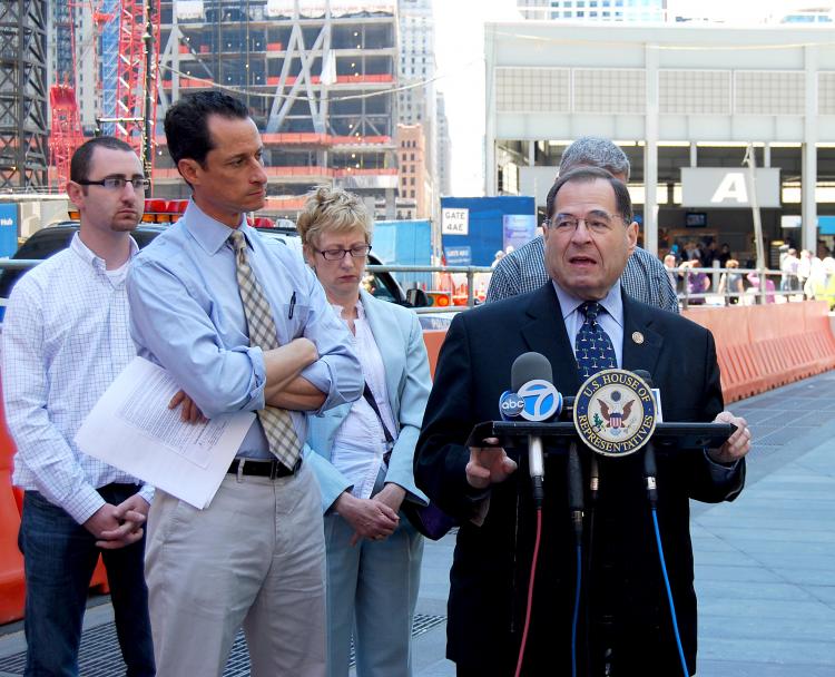 REROUTING THE REWARD: Reps. Anthony Weiner (L) and Jerrold Nadler (C), co-author and sponsor of the Zadroga 9/11 Health and Compensation Act, presented proposed legislation that would make organizations such as John Feal's (R) Feal Good Foundation eligible for the Osama bin Laden bounty money.  (Catherine Yang/The Epoch Times )