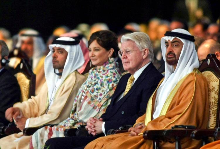 Abu Dhabi Crown Prince Sheikh Mohammed bin Zayed al-Nahayan (R) at the World Future Energy Summit in Abu Dhabi on Jan. 18. The prince is financing the Ewaa Shelters for Women and Children in Dubai, a city of over 10,000 prostitutes. In 2009 the U.S. State Department put the United Arab Emirates at Tier 2 (of 3), in its Trafficking in Persons report. Now at risk of further downgrade, the emirates have begun to tackle the human traffic trade. (Karim Sahib/AFP/Getty Image )