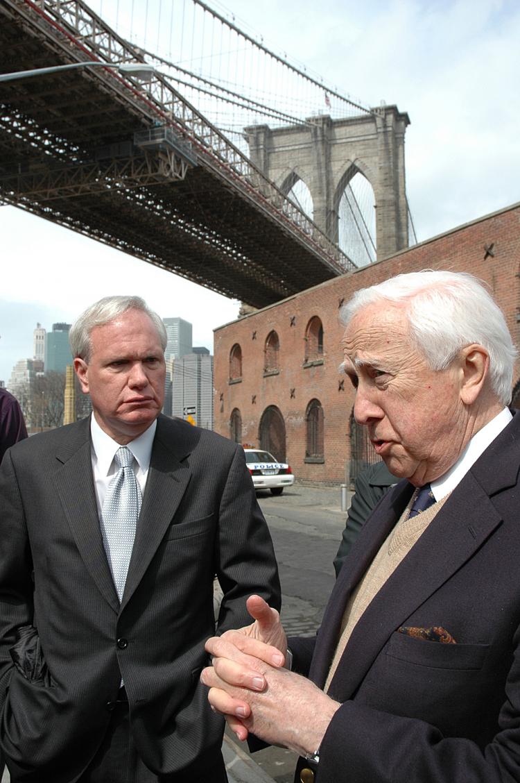 Author David McCullough (R) and City Council Member Tony Avella at a protest in DUMBO. A total of 11,000 signatures have been collected to stop the construction of an 18-story residential tower that will obstruct views. (Sheryl Buchholtz)