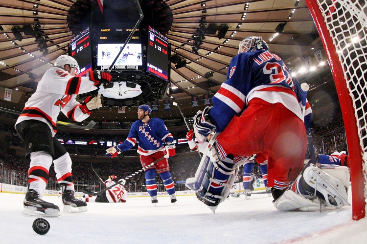 New Jersey's Ilya Kovalchuk fired a high shot past New York's Henrik Lundqvist in the first period of Game 2 on Wednesday night. Lundqvist shut out the Devils in Game 1. (Bruce Bennett/Getty Images)
