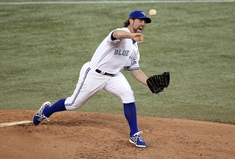 Jays ace R.A. Dickey was outdueled by Cleveland's Justin Masterson as Toronto only managed four hits. (Tom Szczerbowski/Getty Images) 