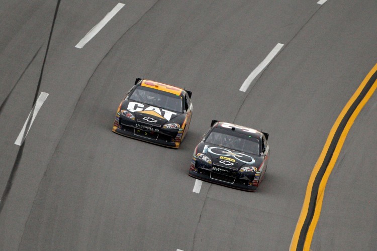 Clint Bowyer, 33 Chevy passes Jeff Burton 31 on the final lap to win the Talladega Chase race for the second year in a row. (Chris Graythen/Getty Images)