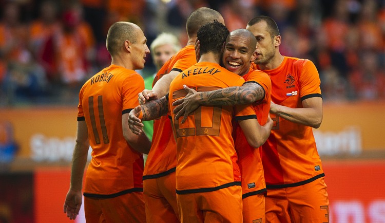 The Dutch celebrate a routine victory over Northern Ireland in preparation for Euro 2012. (Robin Utrecht/AFP/GettyImages)