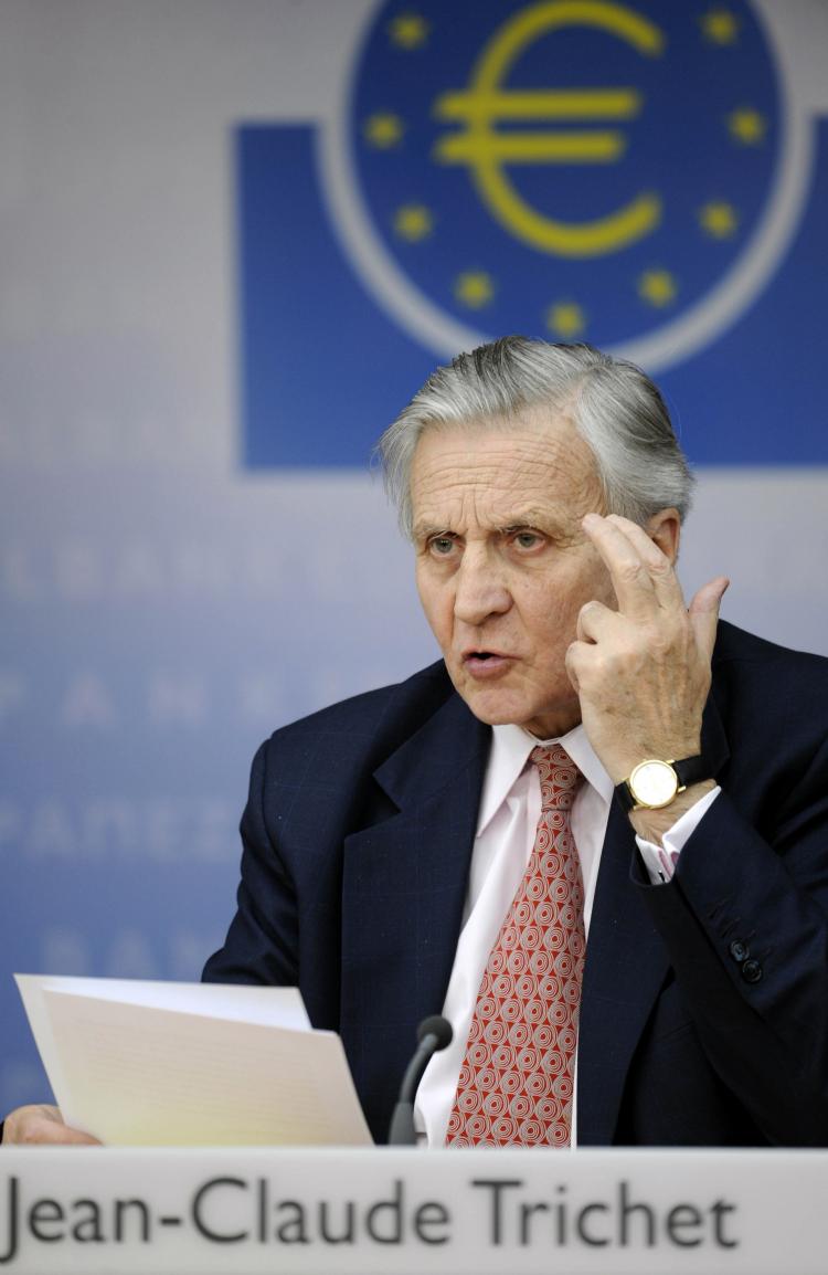 DEBT CHIEF: European Central Bank (ECB) President Jean-Claude Trichet addresses a press conference in Frankfurt/Main, Germany on Feb. 4, 2010. (Thomas Lohnes/AFP/Getty Images)