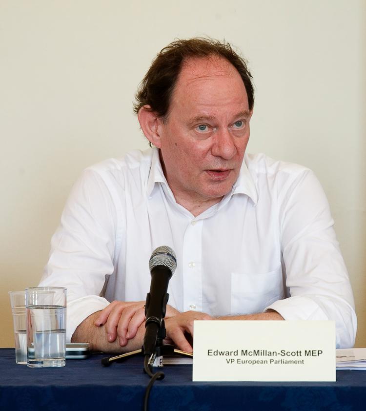 Edward McMillan-Scott speaks at an NTDTV press conference in London on July 23rd.  (Huw Greenwood/The Epoch Times)