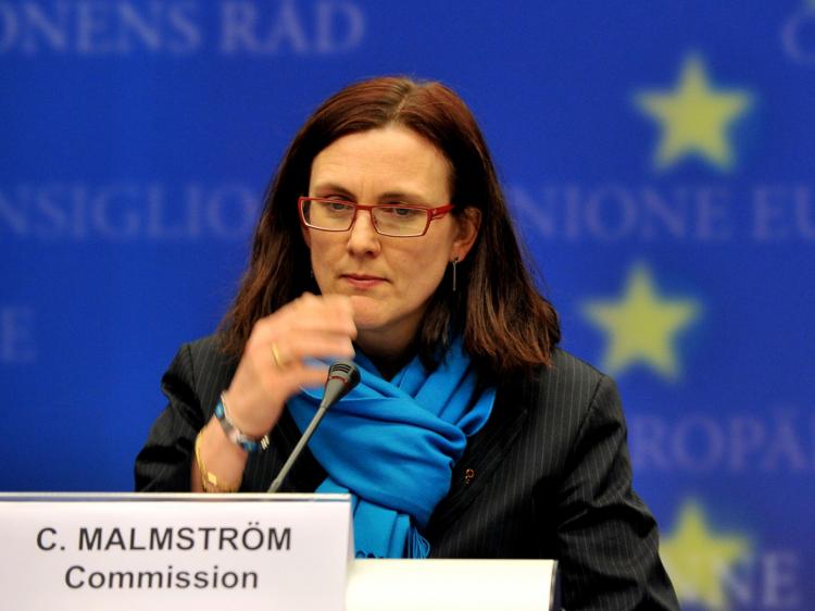 EU commissioner for Home Affairs Cecilia MalmstrÃ¶m gives a press conference after the first session of the Justice and Interiors Affairs first day council on Feb. 25 at the European Commission Headquarters in Brussels. (Georges Gobet/AFP/Getty Images)