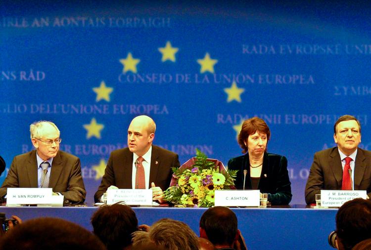 DECIDED: (L-R) Belgium Prime Minister, Herman van Rompuy, was appointed the first EU president on Nov. 19, announced by Swedish prime minister, Fredrik Reinfeldt at a press conference in Brussels. Another top EU position went to Catherine Ashton, who was  (Lixin Yang/The Epoch Times)