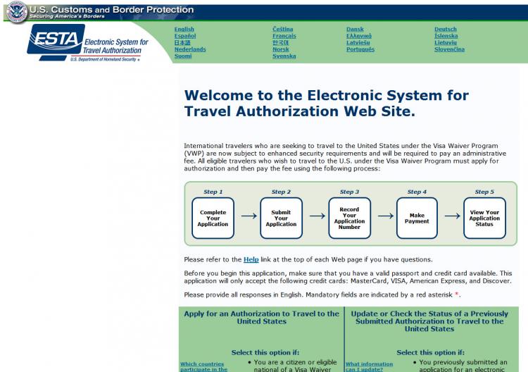 Electronic System for Travel Authorization (ESTA) website.