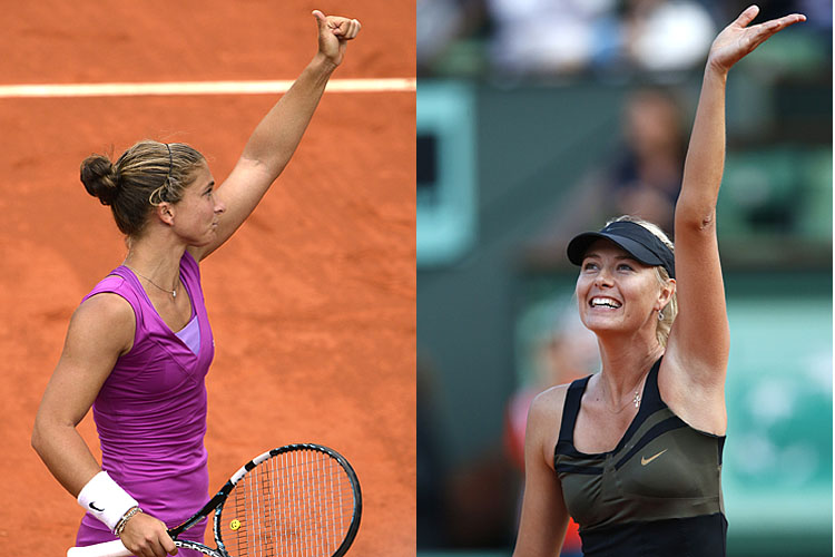 Sara Errani reacts after beating Samantha Stosur during their French Open Women's Singles semifinal match. (Pascal Guyot/AFP/GettyImages) Maria Sharapova waves to the crowd after defeating Petra Kvitova. (Thomas Coex/AFP/GettyImages)