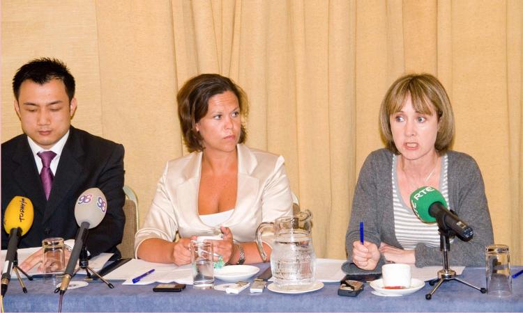 Press conference in Dublin to highlight Eutelsat's closure of NTDTV signal into China, Mr Feng Liu NTDTV (L), Ms Mary Lou McDonald MEP and Ms Patricia McKenna (R) (Martin Murphy/The Epoch Times)