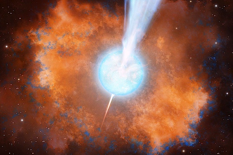 Artist's concept of the explosion of a star leading to a gamma ray burst. (FUW, Tentaris, Maciej Frolow)