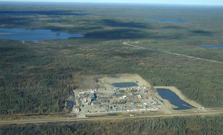 EnCana's hydraulic fracturing site at Two Island Lake in B.C., one of the largest and longest frack sites in the world. To frack all 14 wells, it is estimated that EnCana used 1.8 million cubic metres of water, 78,400 tonnes of sand, and up to 36,000 cubic metres of chemicals. (Photo courtesy of Wil Koop)