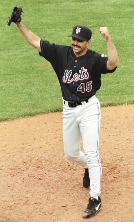 New York Mets pitcher John Franco celebrates strik