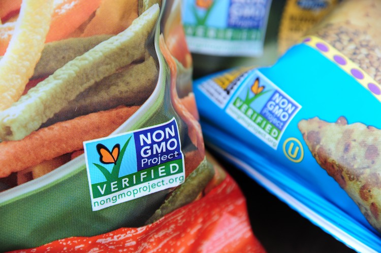  Examples of labels on bags of snacks indicating they are non-GMO (genetically modified organism) food products, in Los Angeles Oct. 19. Despite the defeat of Prop 37 in November, which would have required such labels on products containing GMOs, advocacy groups will continue to push for labeling laws. (ROBYN BECK/AFP/Getty Images)