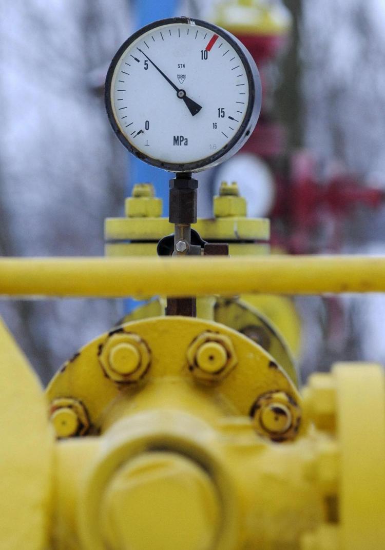 This photo taken on Jan. 6 shows gas valve and gas pipelines at the delivery station in the Slovak village Plavecky Stvrtok. Slovak gas importer SPP declared a state of energy emergency after Russian gas supplies to the country fell by 70 percent overnigh (SAMUEL KUBANI/AFP/Getty Images)