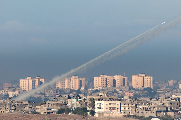 A rocket is launched from Gaza as seen from Sderot on November 15, 2012 in Israel. A rocket attack on an apartment building in Kiryat Malachi, Israel earlier claimed three lives, some 24 hours after the IDF targeted nearly 200 sites in the Gaza Strip, killing Ahmed Jabari, a top military commander of Hamas, in the process. (Uriel Sinai/Getty Images)