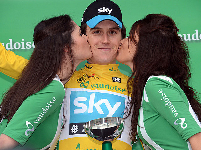 Gerraint Thomas of Sky Procycling won the Prologue and leader's yellow jersey at the Tour of Romandie. (skyteam.com)
