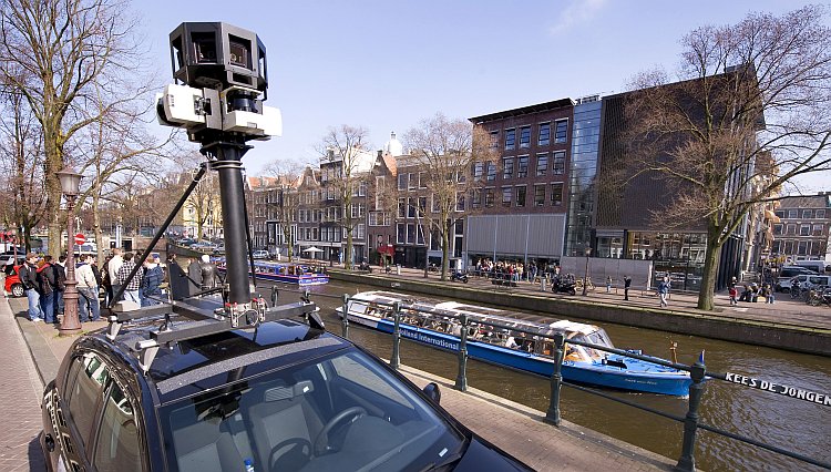 A Google Street View camera fastened on top of a car in Amsterdam