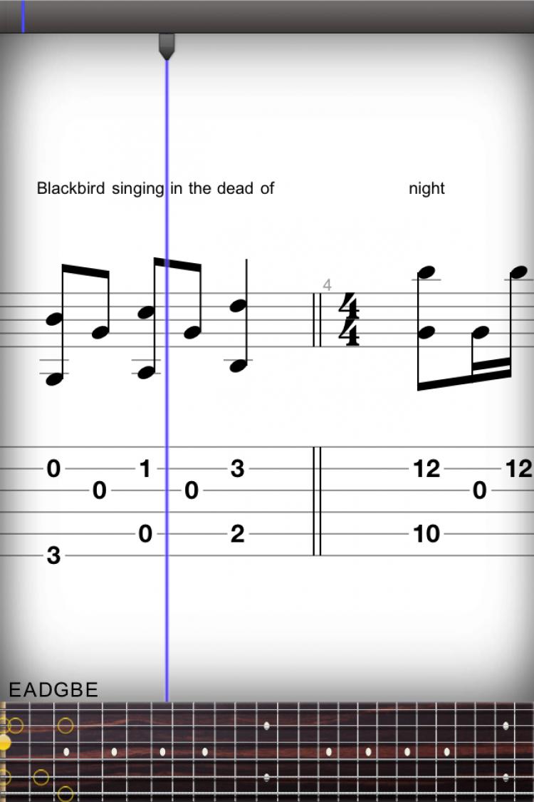 LEARNING GUITAR: Tablature, notes, and finger positions on a guitar fret are displayed on the Guitar Pro app for the iPhone. The app can teach users to play different songs and learn guitar.  (Tan Truong/The Epoch Times)