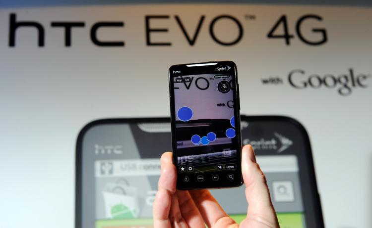 The new Sprint HTC Evo 4G smartphone is displayed at the International CTIA Wireless 2010 convention at the Las Vegas Convention Center March 24. (Ethan Miller/Getty Images)