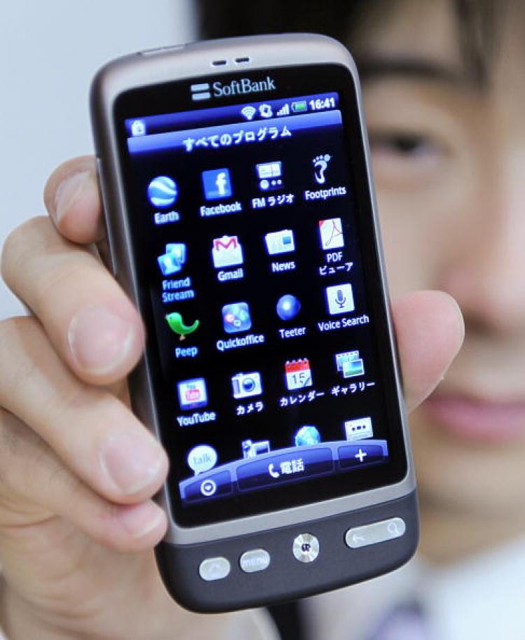 HTC Desire HD: A software upgrade to Android 2.2 dubbed 'Froyo' can give the Android-based phones, such as this one released by Japan's mobile communications operator Softbank, HD video capability. (Yamanaka/AFP/Getty Images)