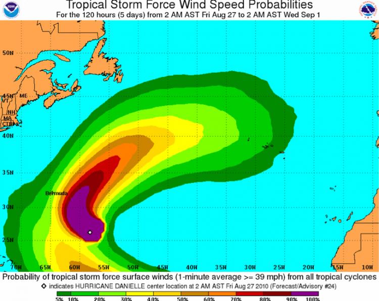 HURRICANE DANIELLE: These graphics show probabilities of sustained (1-minute average) surface wind speeds equal to or exceeding 39 mph over the next five days. These wind speed probability graphics are based on the official National Hurricane Center track, intensity, and wind radii forecasts. (NOAA)