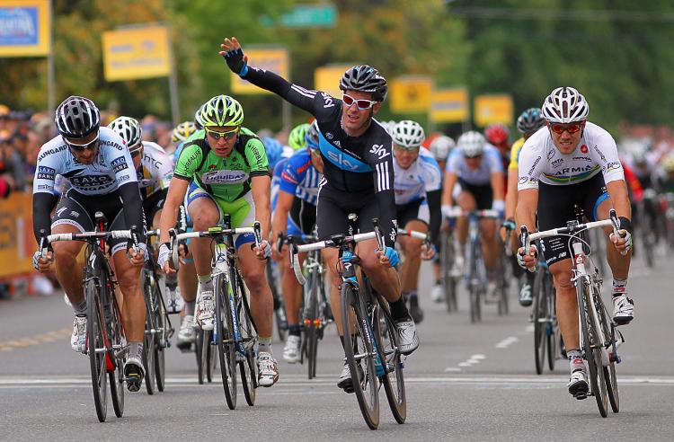 Greg Henderson (2R) crosses the finish line ahead of Juan Jose Haedo (L,) Peter Sagan (2L,) and Thor Hushovd (R) to win Stage Three of the 2011 AMGEN Tour of California. (Doug Pensinger/Getty Images)