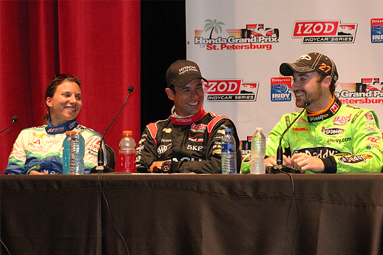 Simona di Silvestro, Helio Castroneves, and James Hinchcliffe share a laugh during the Honda Grand Prix of St. Petersburg post-qualifying press conference. (James Fish/The Epoch Times)