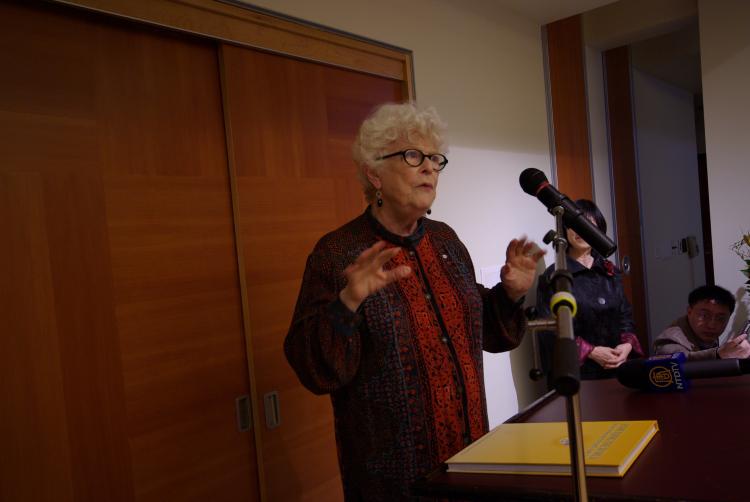 Joy Coghill, actress, director, and writer, spoke at a Shen Yun VIP reception Saturday. (Patrick Dong/The Epoch Times)