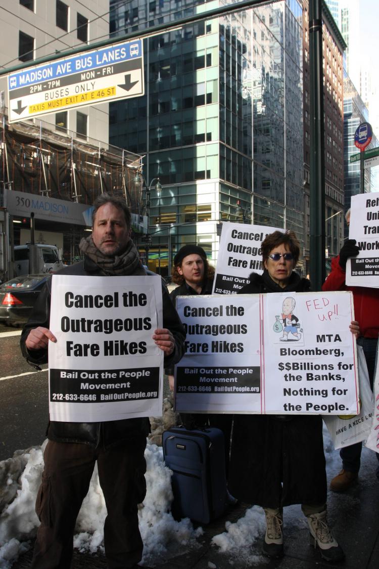 FARE HIKE RAGE: Protesters gathered in front of the MTA office on Madison Avenue Thursday to decry the fare hikes that took effect that morning. (Tara MacIsaac/The Epoch Times)