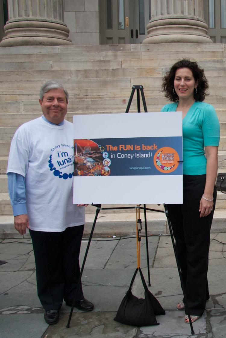 LUNATICS: Marty Markowitz and Lynn Kelly introduce the new logo for the Luna Park at Coney Island on Monday.  (Kristina Skorbach/The Epoch Times)