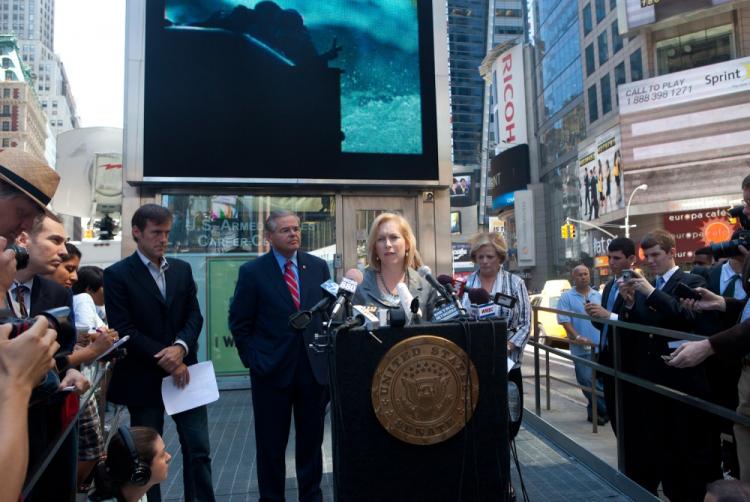 Sen. Kirsten Gillibrand speaks at Times Square, asking British and Scottish officials to testify at the Senate Foreign Relations Committee hearing this Thursday regarding the release of Abdelbaset Ali al-Megrahi, the man convicted for the bombing of Pan-Am Flight 103 in 1988. (Gary Du/The Epoch Times)