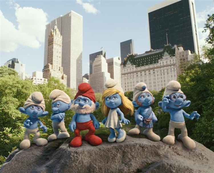 The smurfs find them selves in Central Park Manhattan in the new 3D animation comedy film 'The Smurfs.' (Courtesy Sony Pictures)