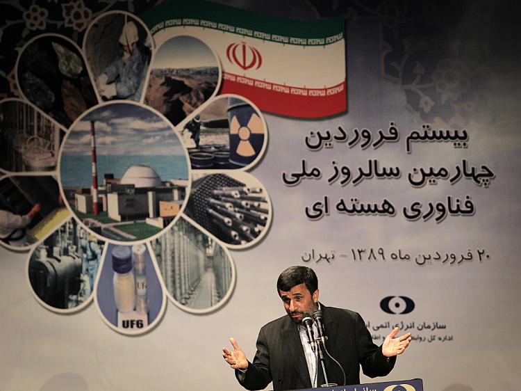 Iranian President Mahmoud Ahmadinejad delivers a speech during a ceremony to mark the National Nuclear Day day in Tehran on April 9, 2010. (Behrouz Mehri/AFP/Getty Images)