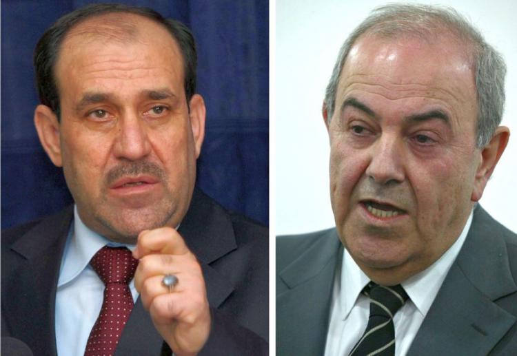 A combo of file pictures shows Iraqi Prime Minister Nuri al-Maliki (L) delivering a speech in Bhagdad on August 12, 2007 and former Prime Minister Iyad Allawi (R), on February 11, 2009 in the southern city of Najaf some 160kms from Baghdad. al-Maliki on Sunday called for a re-count of parliamentary election votes. A 90 percent vote tally showed him slightly behind Iyad Allawi. AFP/Getty Images (AFP/Getty Images)