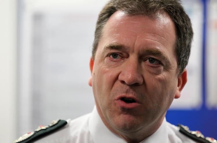 Chief Constable Matt Baggott speaks to journalists, after a bomb exploded and killed a Northern Ireland police officer, on April 2, at the Police station of Omagh. Omagh is the same city where in 1998 a car bomb attack killed 29 people. (PETER MUHLY/AFP/Getty Images)