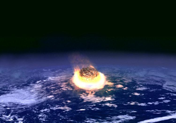 An artist's conception of a giant asteroid hitting the early earth. (Courtesy of NASA)