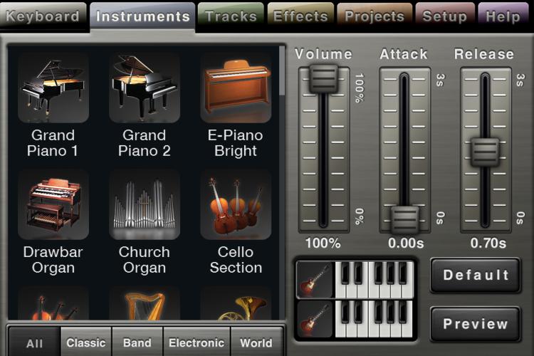 YOUR ORCHESTRA: A screenshot of an instrument selection menu in the Music Studio iPhone app (Tan Truong/The Epoch Times)