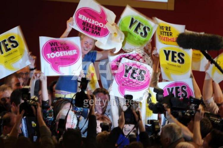 Supporters celebrate in St. Patrick's Hall following the offical announcement in favour of the European Union's Lisbon Treaty in Dublin, Ireland, on Oct. 3, 2009.  (Ben Stansall/AFP/Getty Images)