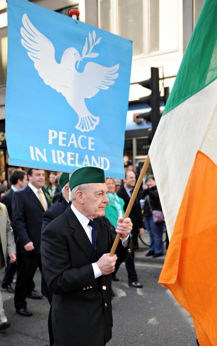 A banner calling for peace in Ireland is carried at the head of the annual Saint Patricks parade through central London, on March 15, 2009. (Leon Neal/AFP/Getty Images)