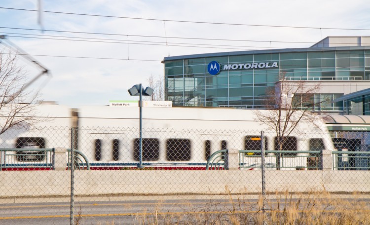 A light rail transit train arrives near Motorola Mobility's Silicon Valley office