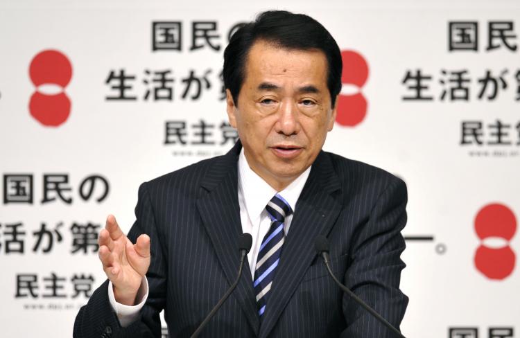 Japan's Prime Minister Naoto Kan during a press conference, after his victory in the centre-left Democratic Party of Japan (DPJ) presidential elections in Tokyo on Sept. 14, 2010.  (Kazuhiro Nogi/AFP/Getty Images)